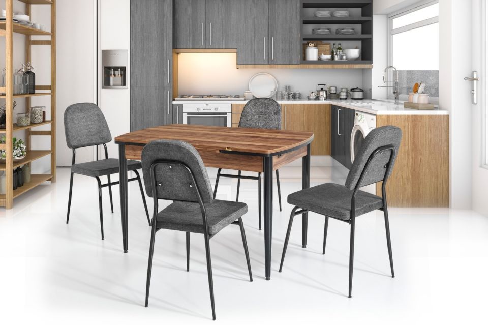 MENEKŞE 70*115 CEVİZ MASA - SİYAH AYAK / ARYA ANTRASİT SANDALYE